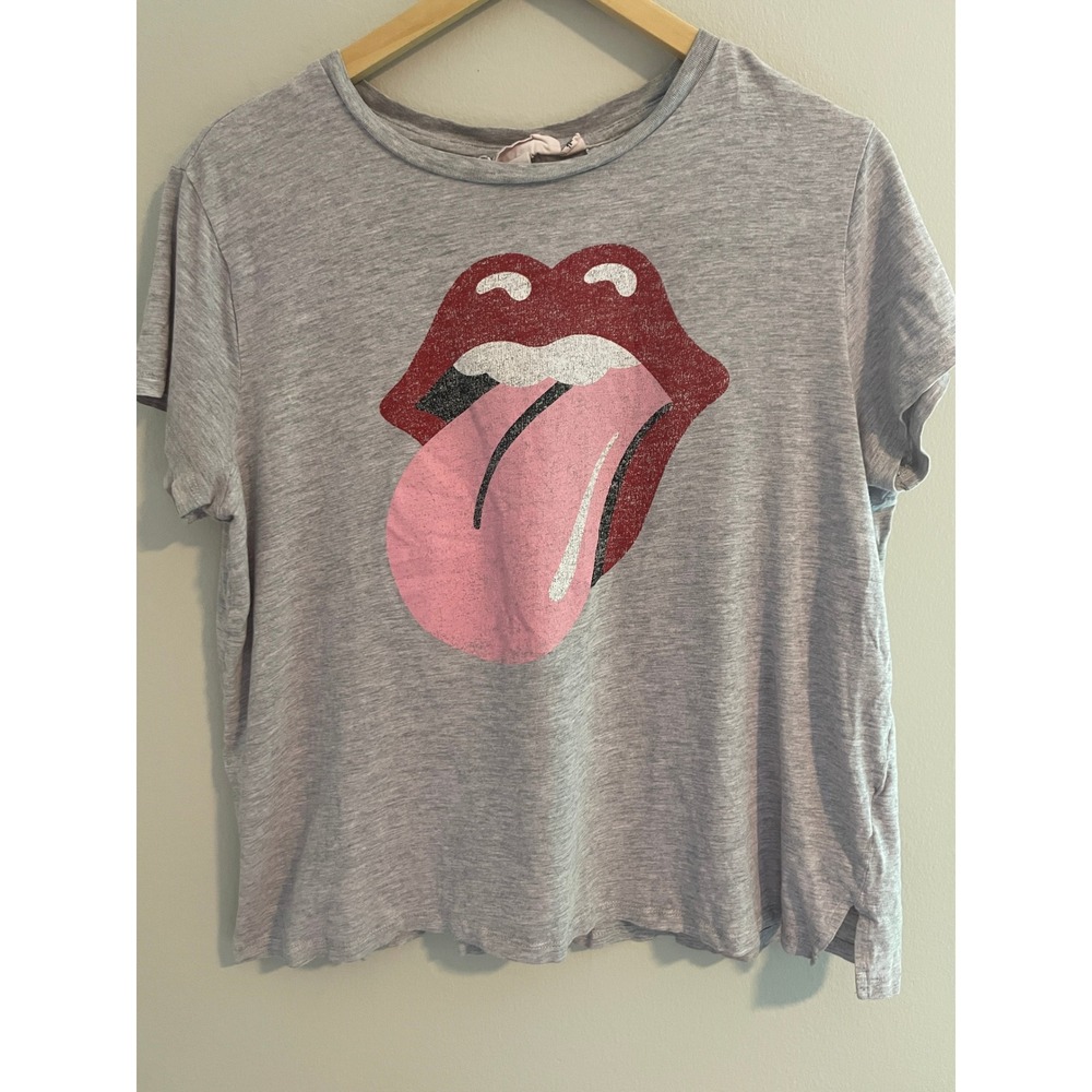 HM Rolling Stones Graphic Tee Heather Gray Tongue Lips Logo Shirt Medium